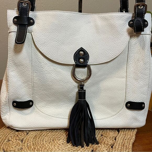 Cavalcanti Soft Leather Italian Shoulder Bag Purse With Black Tassels Off White - Picture 3 of 16